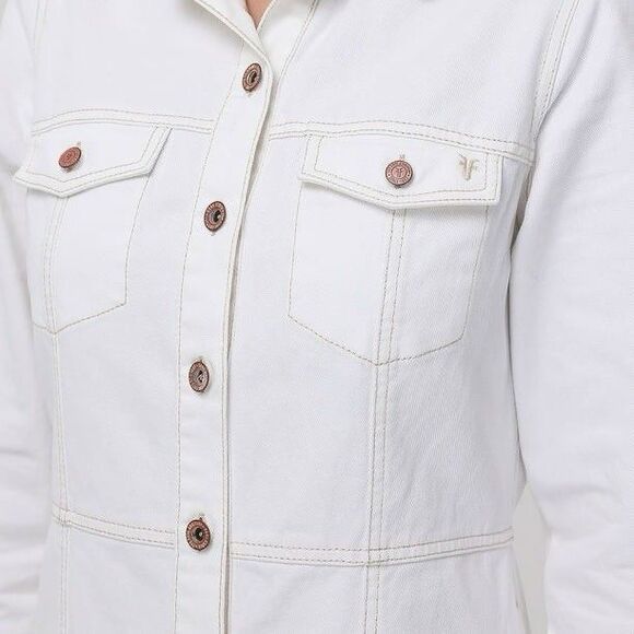 Frye Denim Mini Dress Size L Button Front Dual Chest Pockets Bone NEW - Picture 6 of 8